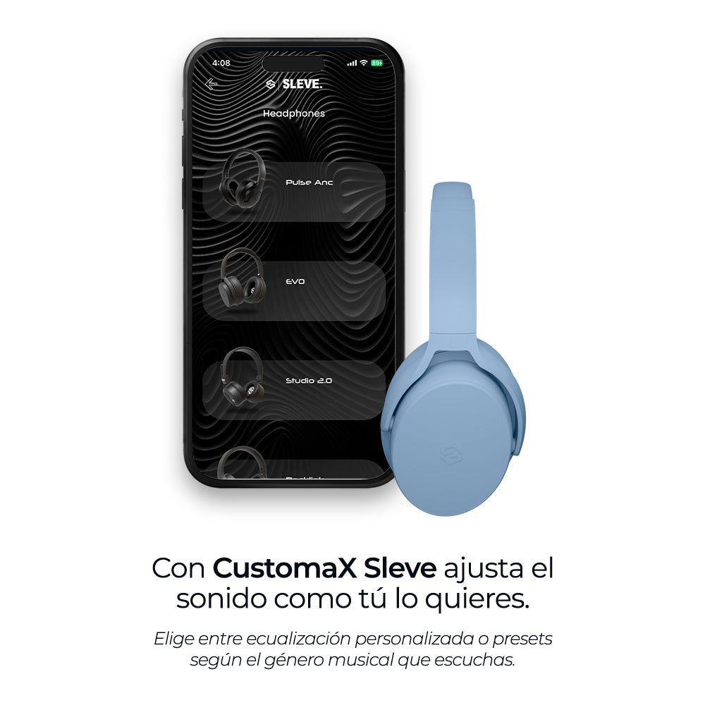 Audífonos inalámbricos Evo Sky Blue con cancelación de ruido pasiva, app customax – Sleve Mobile Chile