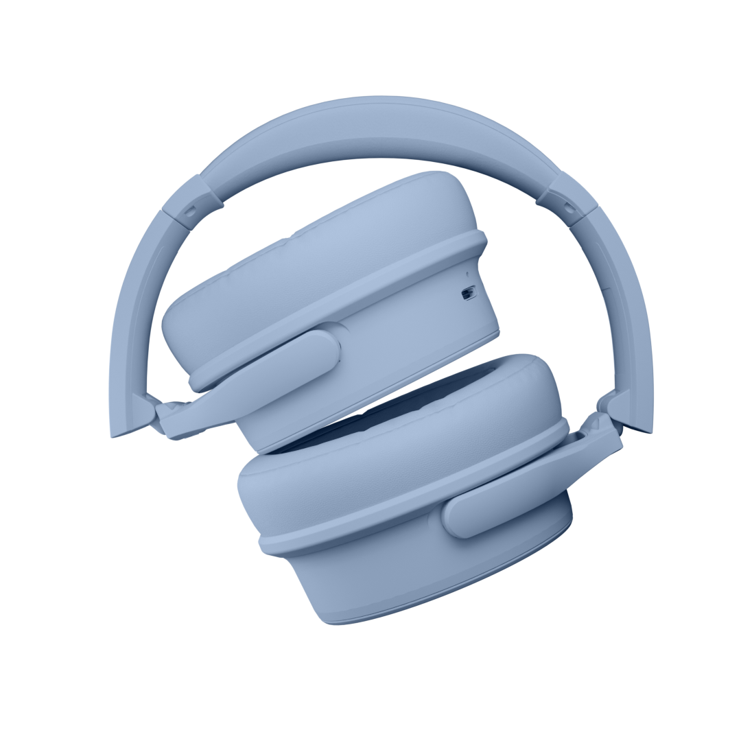Audífonos inalámbricos Evo Sky Blue con cancelación de ruido pasiva, vista plegados – Sleve Mobile Chile