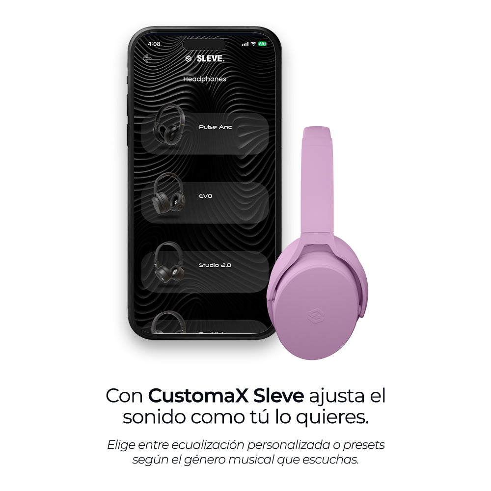 Audífonos inalámbricos Evo Violet Glow con cancelación de ruido pasiva, app customax – Sleve Mobile Chile