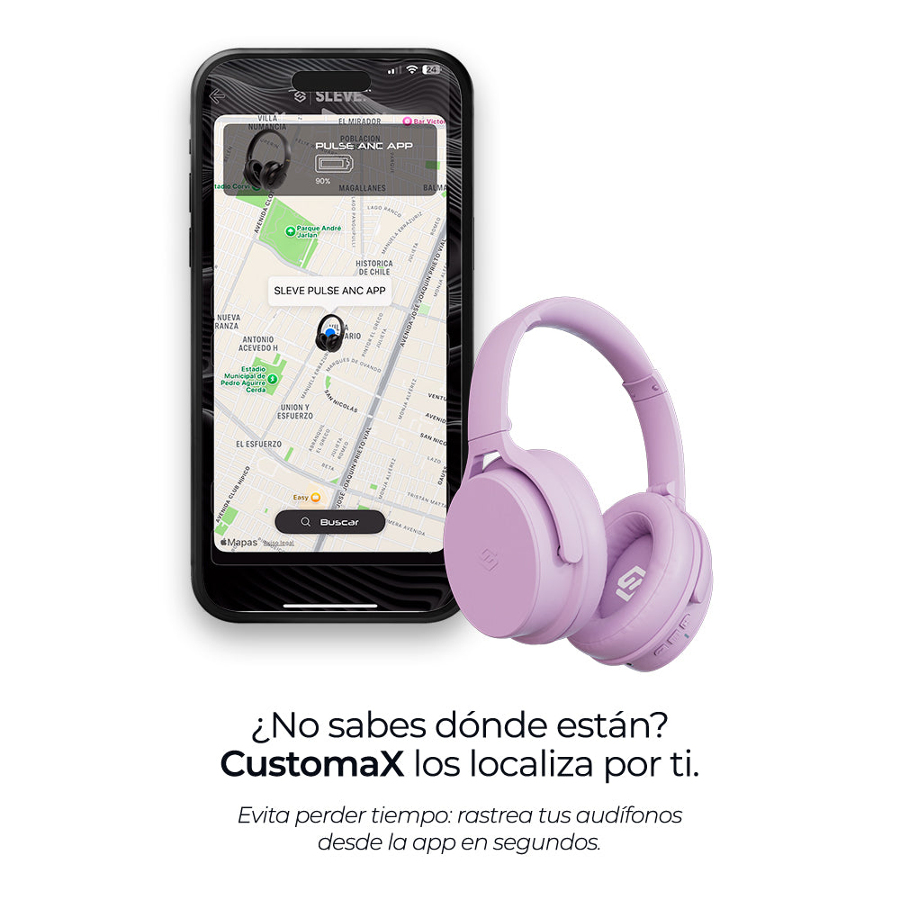 Audífonos inalámbricos Evo Violet Glow con cancelación de ruido pasiva, rastreables – Sleve Mobile Chile
