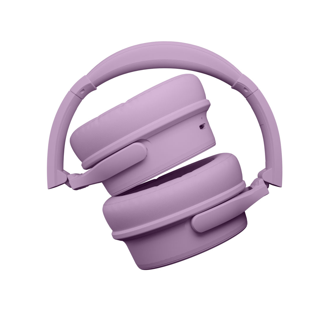 Audífonos inalámbricos Evo Violet Glow con cancelación de ruido pasiva, vista plegados – Sleve Mobile Chile