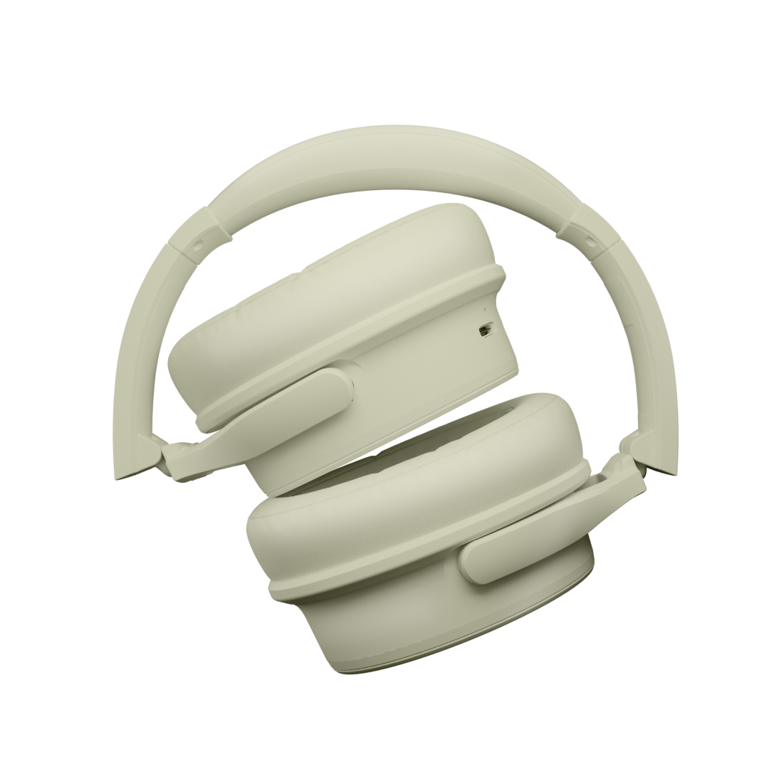 Audífonos inalámbricos Evo White Cream con cancelación de ruido pasiva, vista plegados – Sleve Mobile Chile