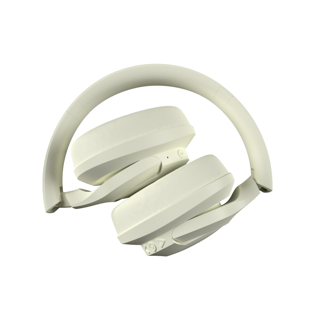 Audífonos inalámbricos Pulse ANC White Cream con cancelación de ruido, vista plegados – Sleve Mobile Chile