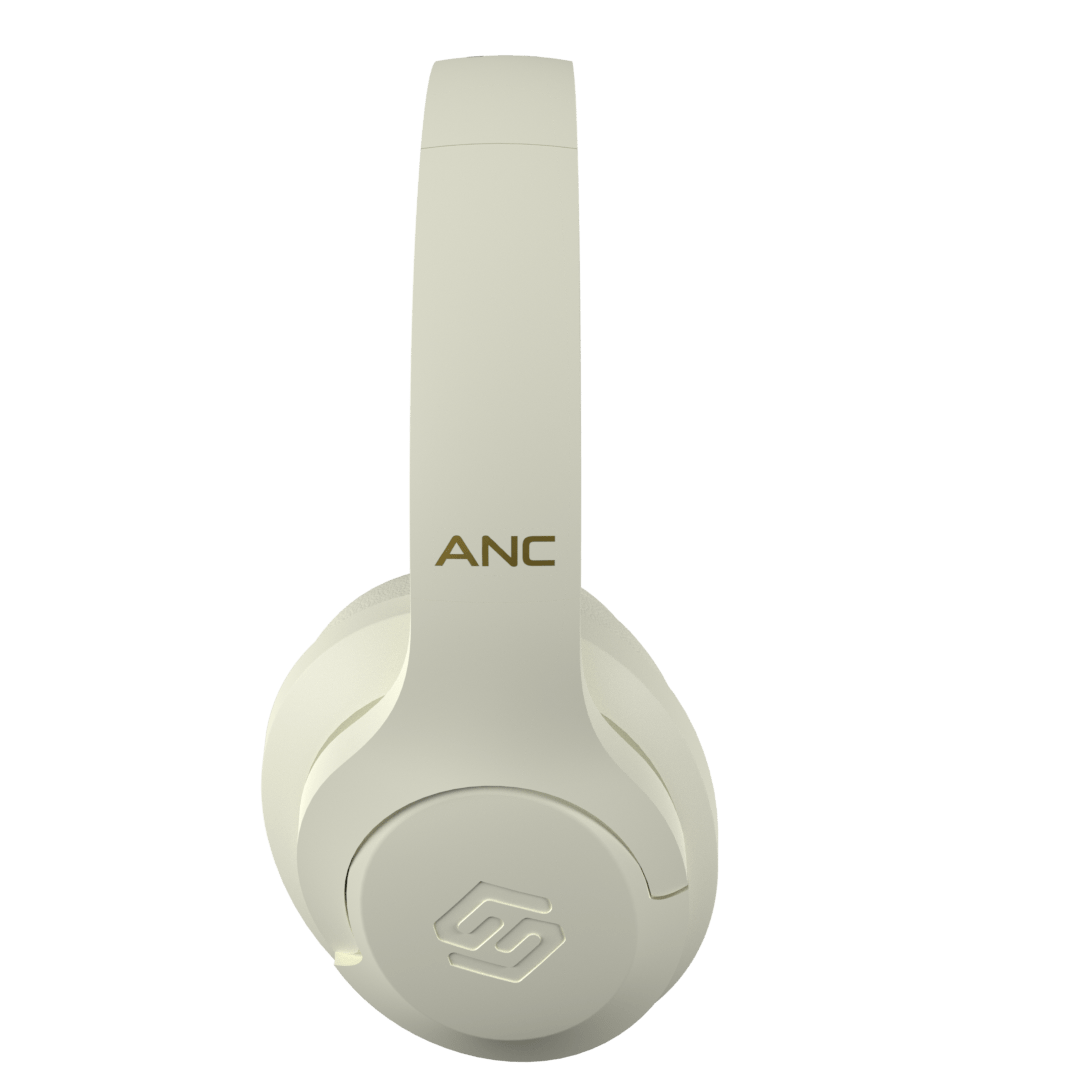 Audífonos inalámbricos Pulse ANC White Cream con cancelación de ruido, vista lateral – Sleve Mobile Chile