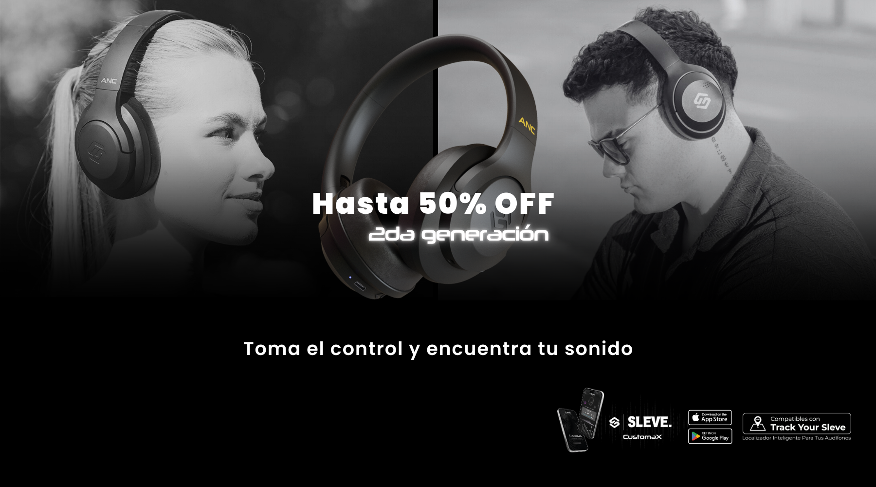Banner promocional con audífonos inalámbricos Pulse ANC de segunda generación – Hasta 50% OFF – Sleve Mobile